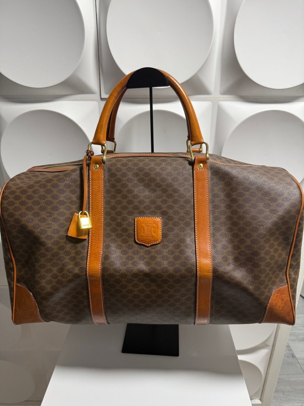 Celine Brown Monogram Canvas Travel Bag with Tan Leather Trim